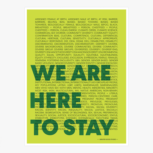 Text poster with 'WE ARE HERE TO STAY' on a green background